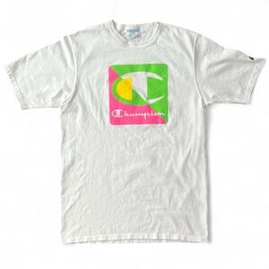 Neon Champion Logo T Shirt Embroidered Logo White Tee Pink Green L Sportswear